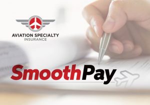 Hand with a pen writing on paper and Aviation Specialty logo and SmoothPay logo