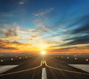 Airport,Runway,In,The,Evening,Sunset,Light,,Ready,For,Airplane